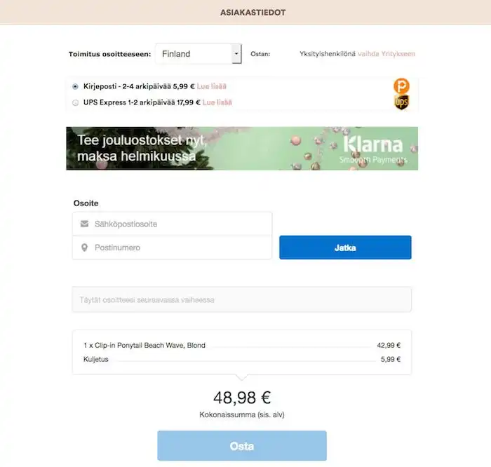 Rapunzel Of Sweden tilaus – asiakastietojen täyttö